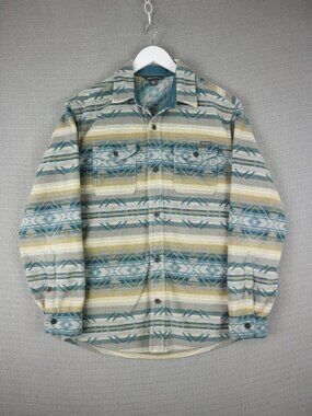 Eddie Bauer Men's Blue Tan Flannel Shirt Jacket Small Long Sleeve Button Pattern
